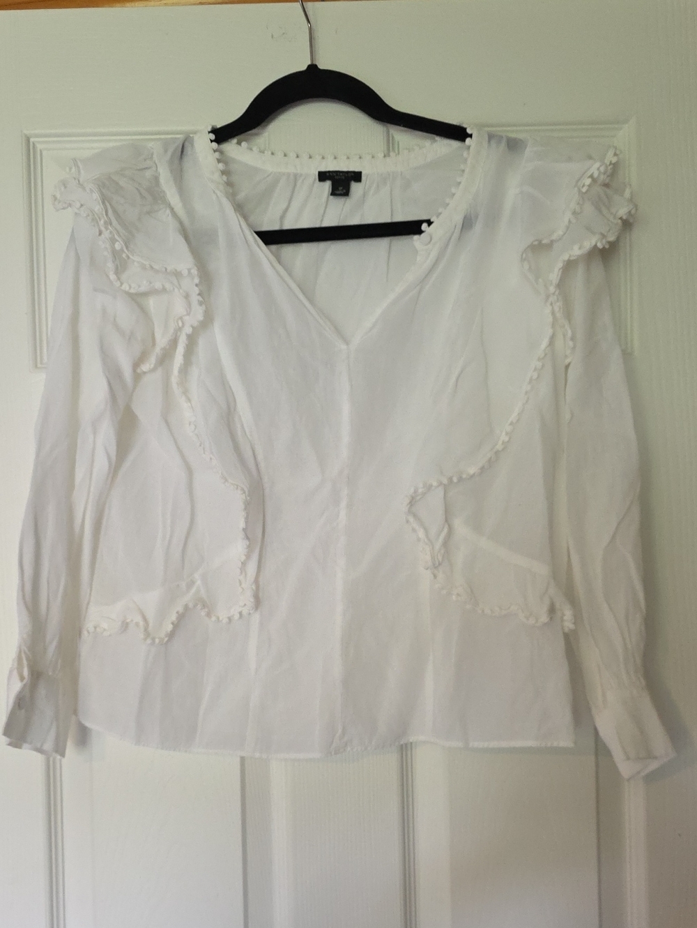 Ann Taylor White Ruffle-Trim V-Neck Blouse